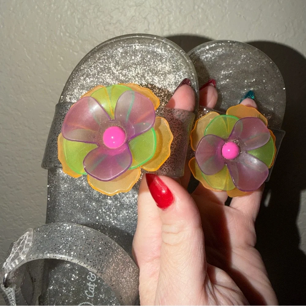 Cat & Jack Toddler Girl’s Kate Clear Glitter Jelly Multicolor Flower Sandals 10